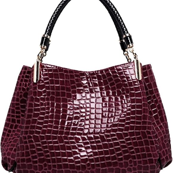 Women Faux Leather Alligator Pattern Tote Large Capacity Stylish Handbag